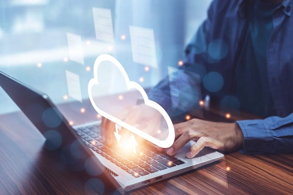 Cloud computer and business network concept for storage, transfer, and connected services.