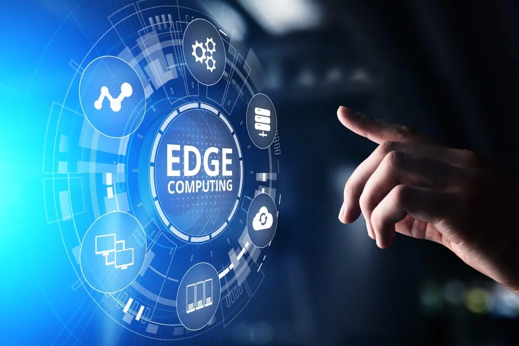 Edge computing technology on a virtual screen for connected business operations.
