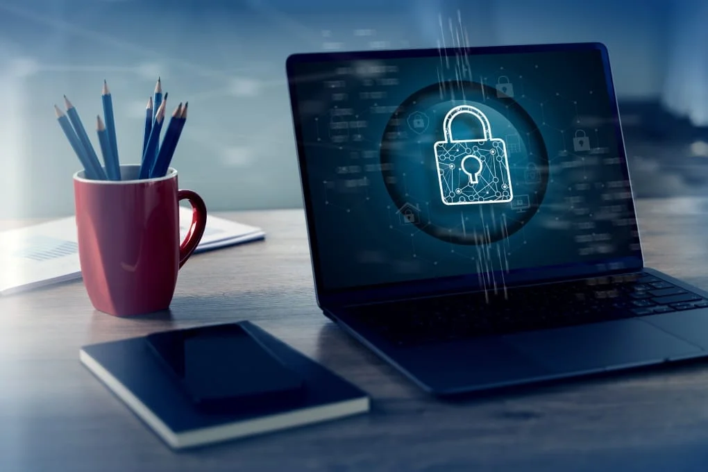 Cybersecurity technology concept with antivirus, firewall, and information protection.