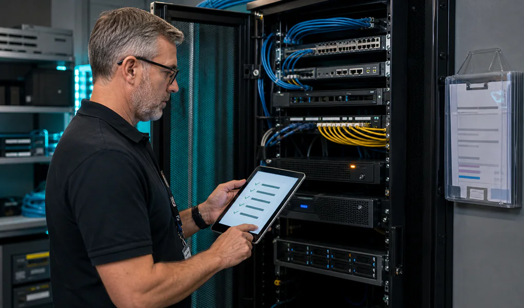 IT professional assessing network equipment with a structured checklist in a business server room