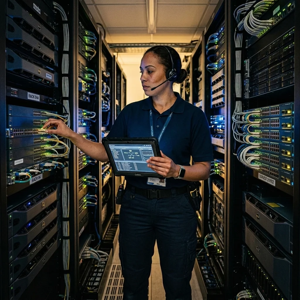 IT support specialist in server room running diagnostics on servers using a tablet