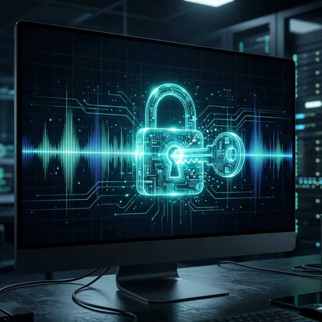 Soundwave visualization and digital padlock on a monitor screen