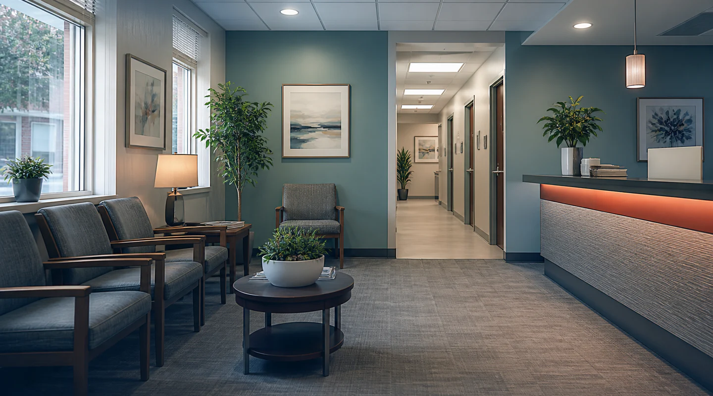 An original navy and teal-toned view of a professional doctor's office waiting room with seating, a reception desk, and a hallway to exam rooms