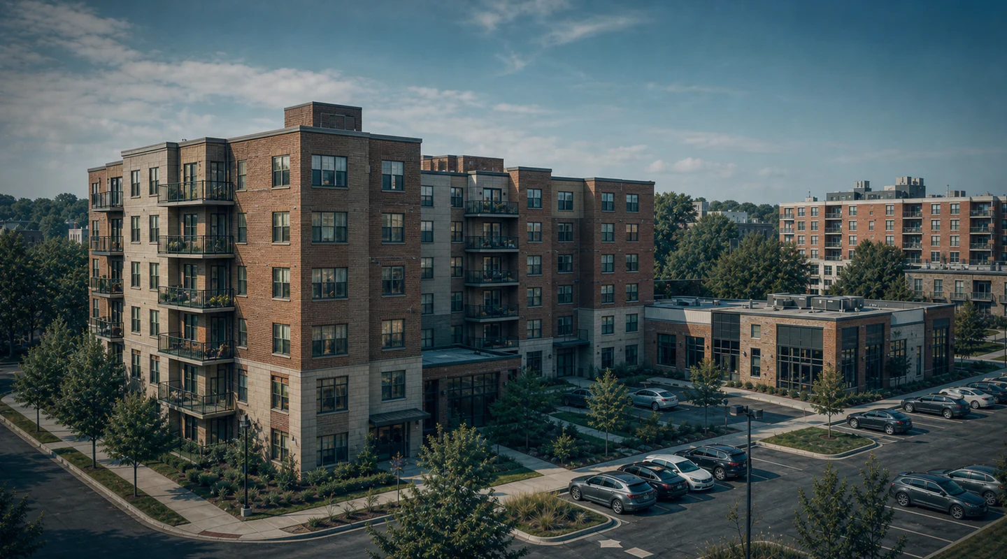 An original navy and teal-toned aerial view of a well-maintained older multifamily apartment complex with landscaped grounds and parking