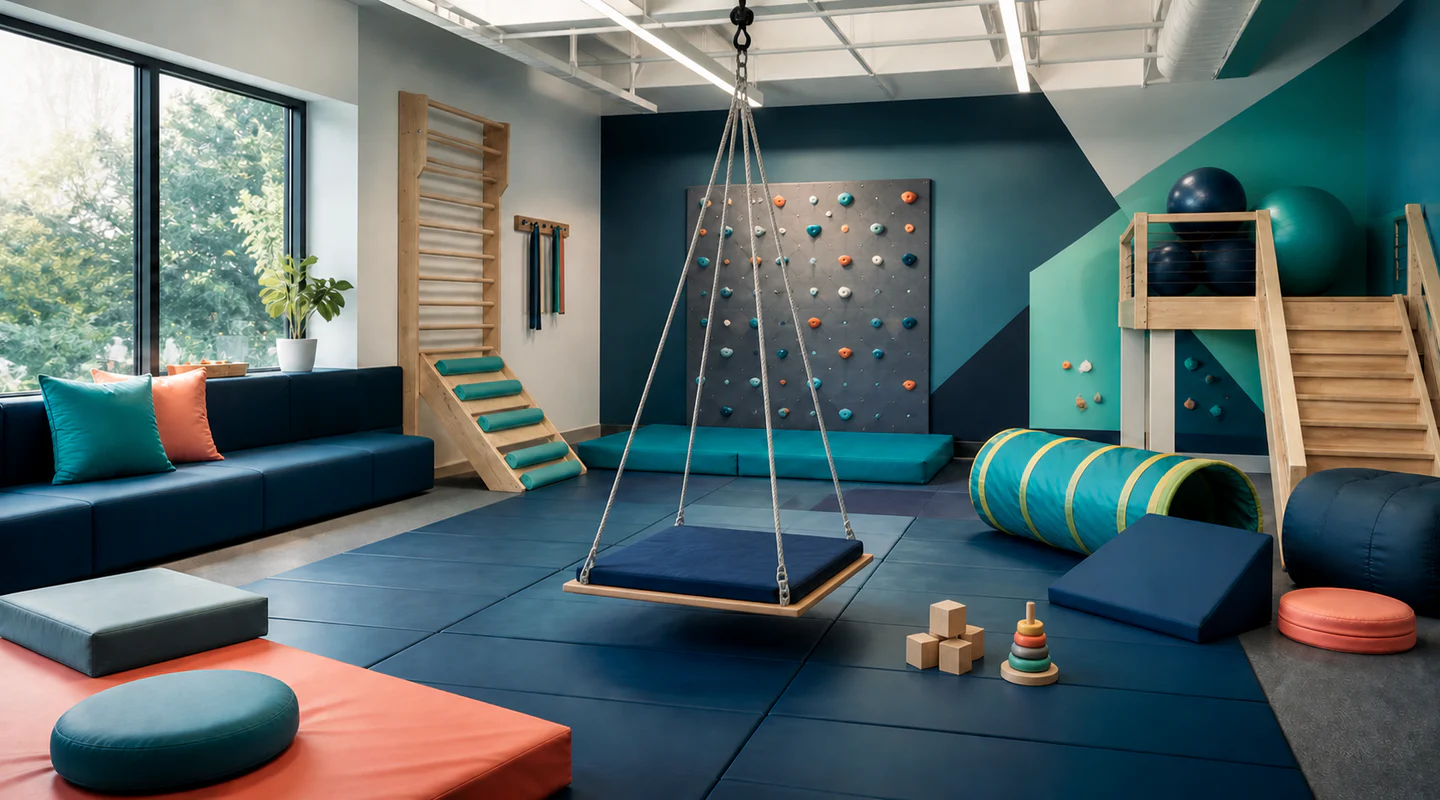 An original teal-toned pediatric therapy gym with padded floors, sensory equipment, a swing, climbing walls, and therapy balls